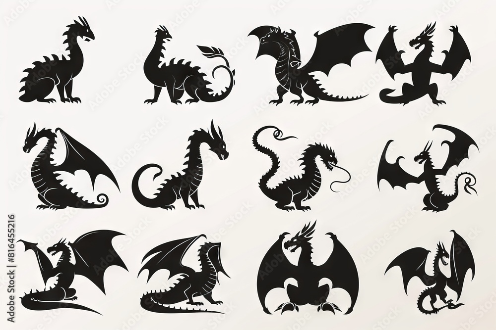 Fototapeta premium Silhouettes of dragons, depicted in various shapes and sizes, appear as black vector icons against a white backdrop. These designs embrace a straightforward style, characterized by flat colors