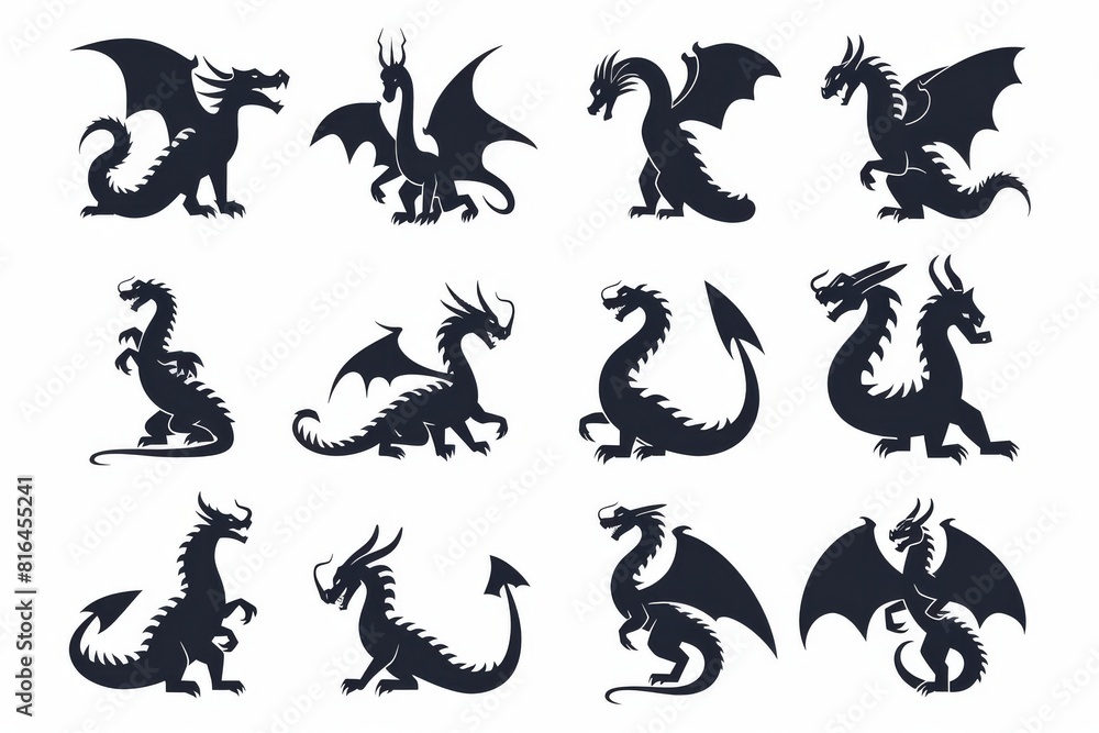 Silhouettes of dragons, depicted in various shapes and sizes, appear as black vector icons against a white backdrop. These designs embrace a straightforward style, characterized by flat colors