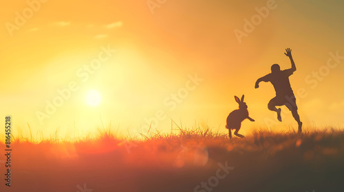 2023 New Year concept Silhouettes of running man and rabbit : Generative AI