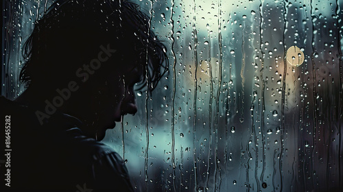 A solitary figure gazing out of a rain-streaked window, lost in thought, representing suicidal ideation