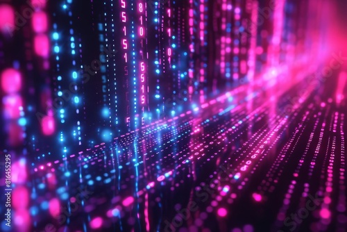 Futuristic computer wallpaper with a digital matrix of neon lines and binary code  perfect for tech enthusiasts and scifi fans