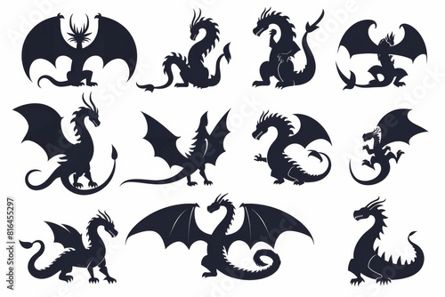 Silhouettes of dragons, depicted in various shapes and sizes, appear as black vector icons against a white backdrop. These designs embrace a straightforward style, characterized by flat colors © MiniMaxi