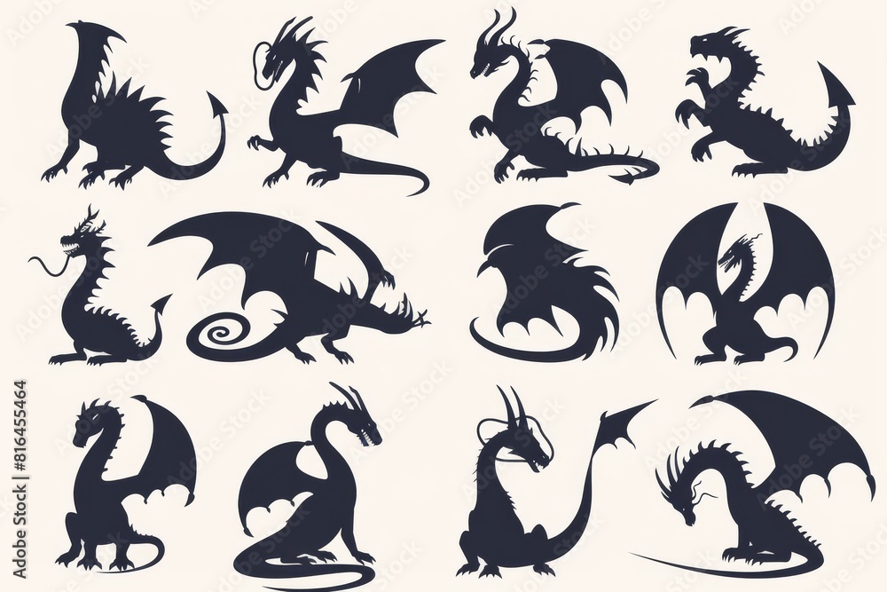 Obraz premium Silhouettes of dragons, depicted in various shapes and sizes, appear as black vector icons against a white backdrop. These designs embrace a straightforward style, characterized by flat colors