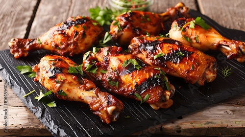 Spicy grilled caribbean Jerk chicken drumsticks and thighs on a black platter on a wooden table photo
