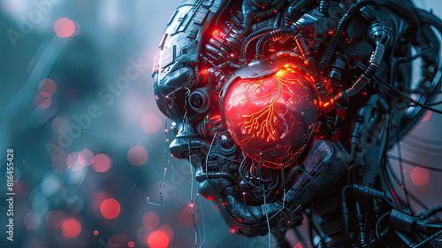 A cybernetic organism with a visible CPU heart, illustrated in a dark fantasy style with sharp contrasts and glowing red elements. photo