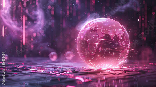 A mystical orb powered by microchips floating in a dark  fantasy environment  illuminated by soft  magical light in pastel tones.
