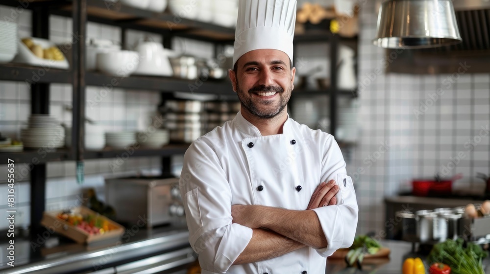 Skilled Chef Proudly Posing in Commercial Kitchen with Culinary Equipment Skilled Chef Proudly Posing in Commercial Kitchen with Culinary Equipment