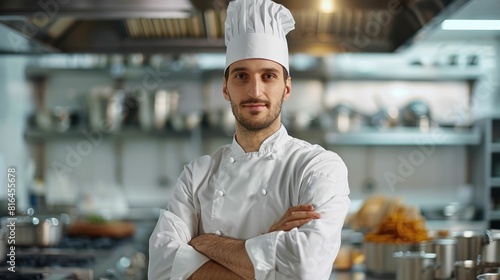 Confident Professional Chef Proudly Overseeing Commercial Kitchen