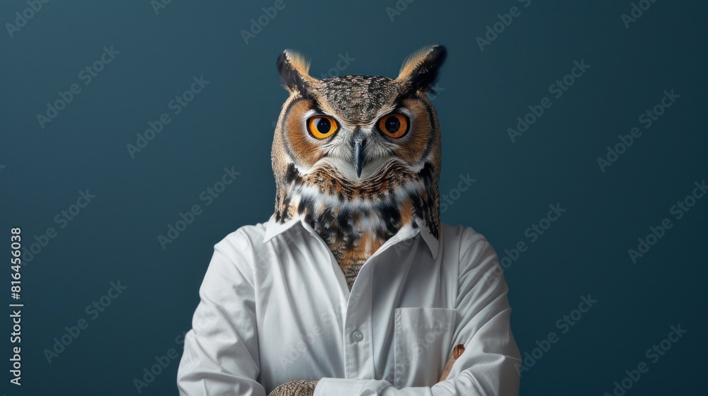 A man is wearing a white shirt and has an owl head on his face A man is wearing a white shirt and has an owl head on his face