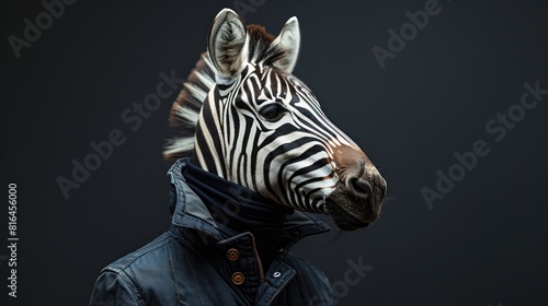 A zebra head is on a person s face  with a jacket on