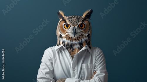 A man is wearing a white shirt and has an owl head on his face