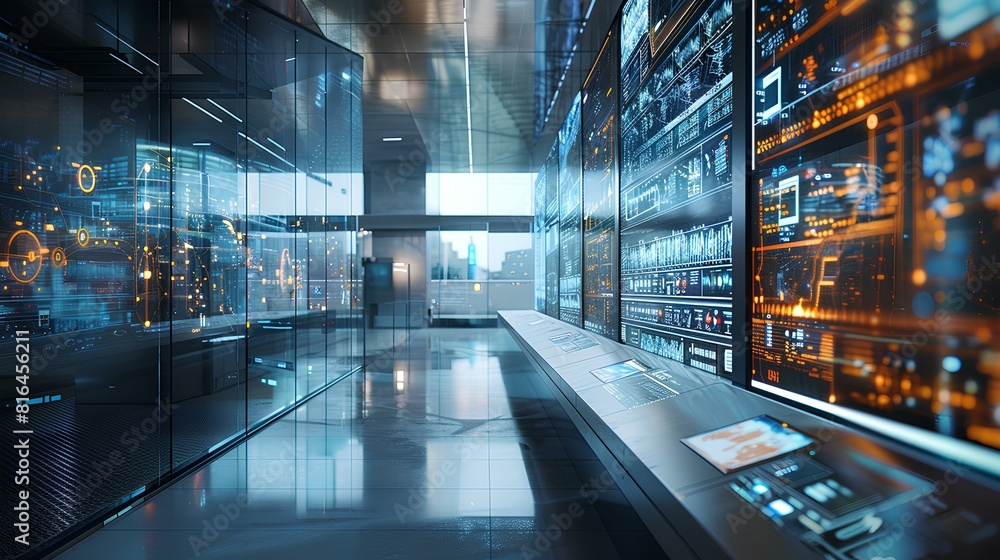 Modern Data Center with Interactive Digital Displays,A state-of-the-art data center corridor featuring reflective floors and wall-to-wall interactive digital displays.

