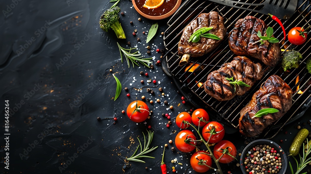 Tasty meat and vegetables on barbecue grill outdoors Space for text