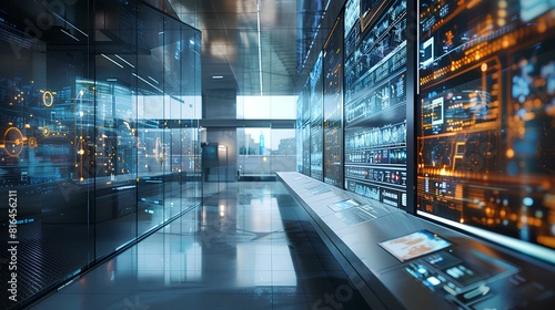 Modern Data Center with Interactive Digital Displays,A state-of-the-art data center corridor featuring reflective floors and wall-to-wall interactive digital displays.

 photo