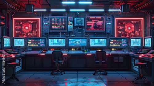 Futuristic Spacecraft Control Room Interfaces,Detailed view of advanced, futuristic spacecraft control rooms filled with interactive displays and illuminated panels.