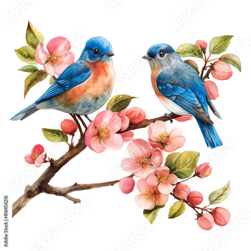watercolor painted pair of bluebirds on the blooming apple branch isolated on transparent background