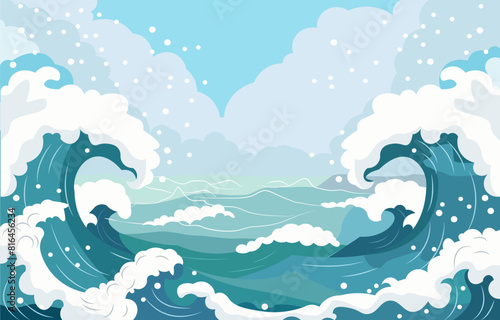 Sea Landscape Frame Background with Blue Ocean Waves in Bright Sky