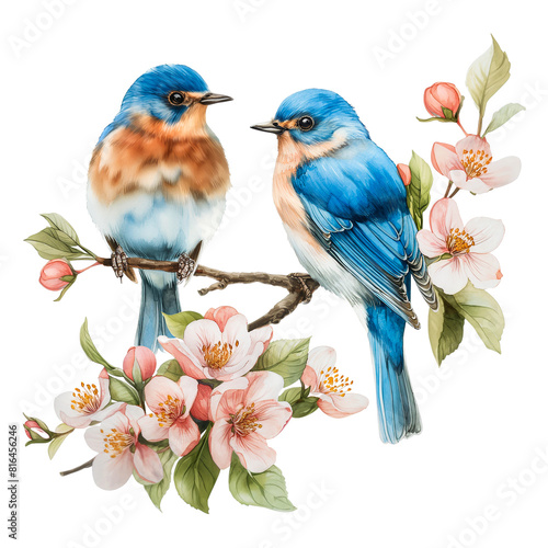 watercolor painted pair of bluebirds on the blooming apple branch isolated on transparent background