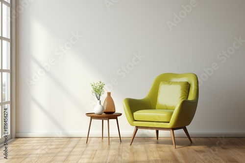 An empty room with a green armchair  a small round table  and a vase with decorative plants. The room is lit by sunlight from a large window. The floor is light brown wood  and the walls are white.