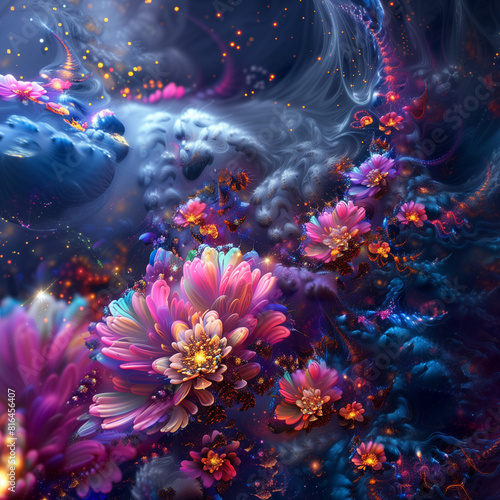 3D exploding cloud of flowers 3D with shimmering glitter , abstract background with explosione, 3D magic in space , fractal background