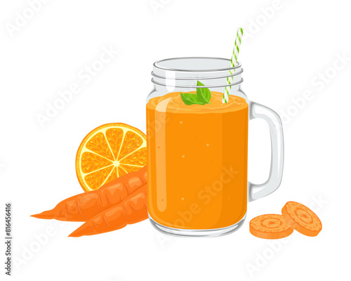 Mason jar with carrot and orange smoothie. Vector cartoon illustration of healthy drink.