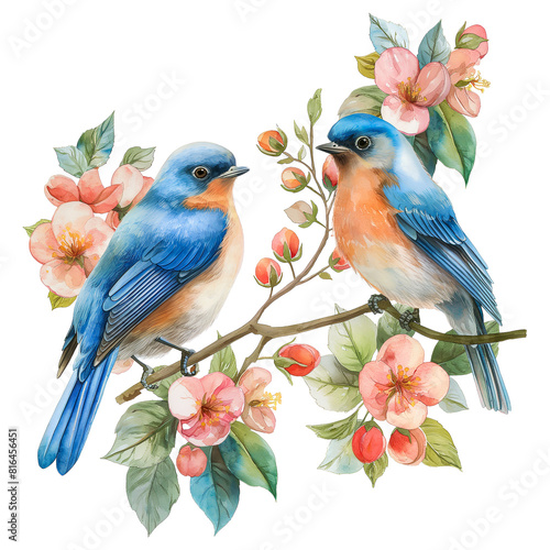 watercolor painted pair of bluebirds on the blooming apple branch isolated on transparent background