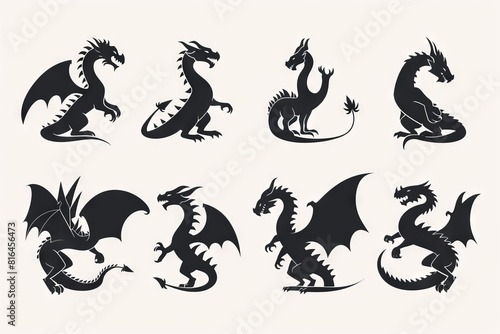 Silhouettes of dragons  depicted in various shapes and sizes  appear as black vector icons against a white backdrop. These designs embrace a straightforward style  characterized by flat colors