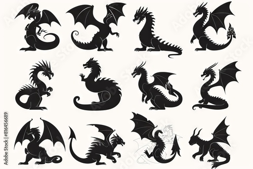 Silhouettes of dragons  depicted in various shapes and sizes  appear as black vector icons against a white backdrop. These designs embrace a straightforward style  characterized by flat colors