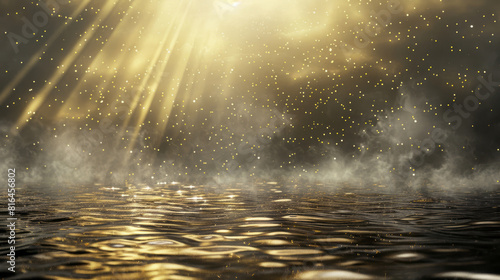 Wallpaper Mural Gold lights shine down on a black background, creating a spiritual landscape in dark beige and silver with soft mist. Torontodigital.ca