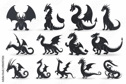 Silhouettes of dragons  depicted in various shapes and sizes  appear as black vector icons against a white backdrop. These designs embrace a straightforward style  characterized by flat colors