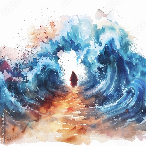 Moses parting the Red Sea dramatic watercolor waves photo