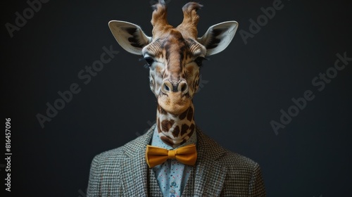 A giraffe wearing a suit and tie