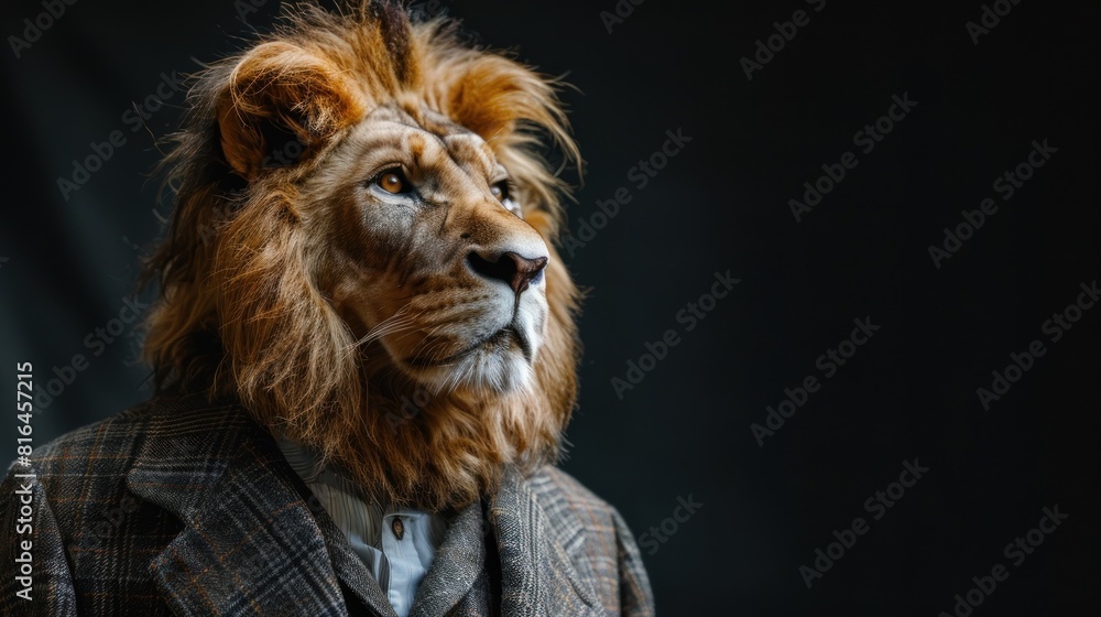Naklejka premium A lion wearing a suit and tie is staring at the camera