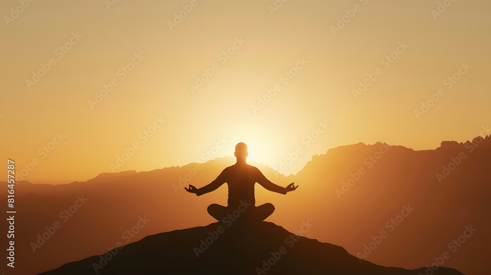 Silhouette of a person kneeling with open arms and looking at the sky on top of a mountain Concept of religious and spiritual life Warm atmosphere at dawn Copy space : Generative AI