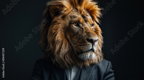 A lion is wearing a suit and standing in front of a black background
