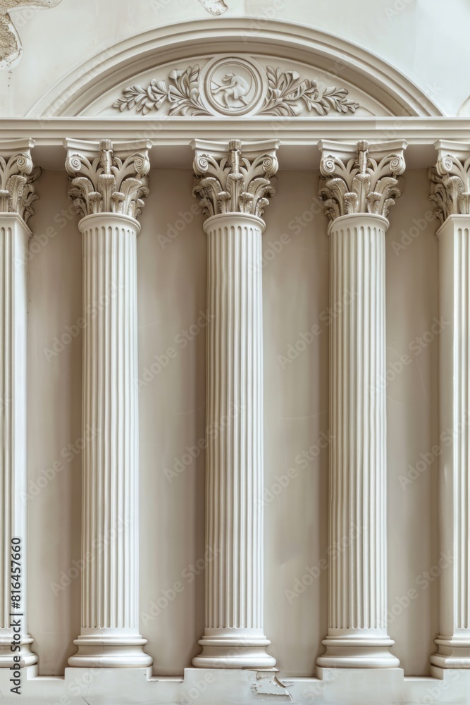 Fototapeta premium Three tall and narrow columns with white trim display symbolic elements and arched doorways in beige.
