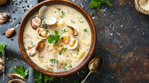 mushroom cream soup in a visually enticing photograph, showcasing the creamy texture and rich flavor of the soup in a bowl from a top-down perspective. Generative AI