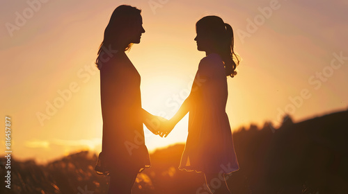 silhouette of mother and daughter holding hands at sunset : Generative AI