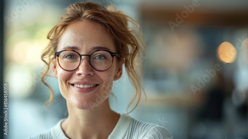 Woman Wearing Glasses Standing in Front of a Man, Portrait of a glasses-wearing healthcare admin with a clinic office blur, perfect for medical industry use. Generative AI © bk_assets