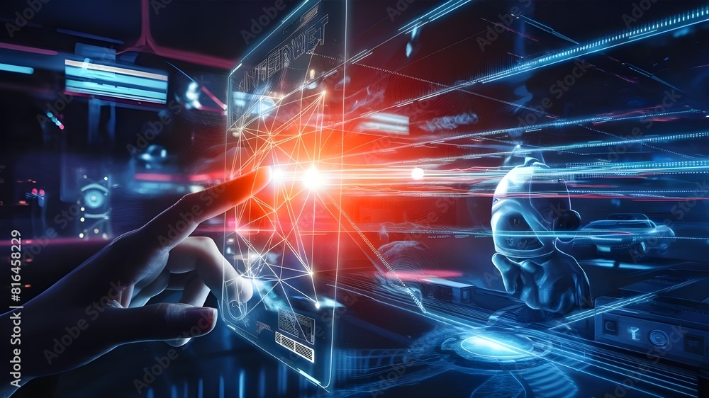 Digital technology, internet network connection concept. Finger touching on virtual screen with futuristic technology background, data exchange Digital technology, internet network connection concept. Finger touching on virtual screen with futuristic technology background, data exchange