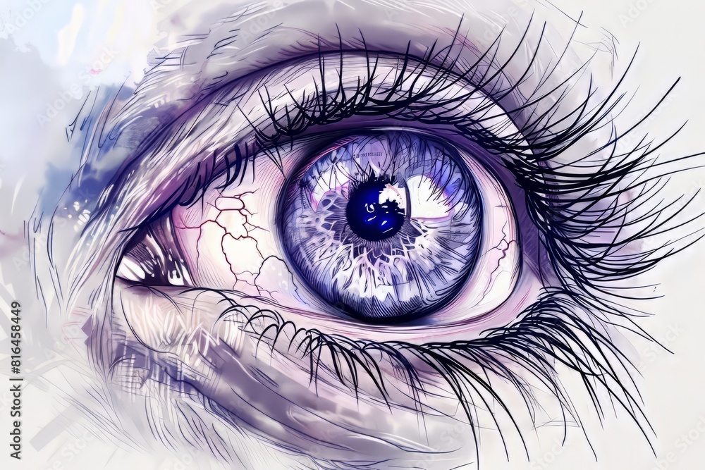 Fototapeta premium Cartoon cute doodles of a hyper-realistic eye, with intricate iris patterns and lifelike reflections, Generative AI