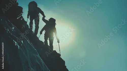 silhouette male and female hikers climbing up  mountain cliff  helps and team work concept : Generative AI photo