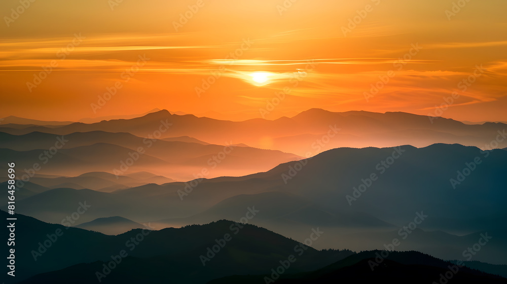 Amazing silhouettes of a mountains at colorful sunset in summer in Slovenia Landscape with mountain ridges in fog golden sunlight and clouds in the evening Nature Hills in sunlight Sce : Generative AI