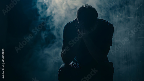 Serious sad man in dark Depressed anxious person suffer from trauma solitude or drug addiction Homeless outcast with shame after mistake Dramatic moody silhouette with melancholy grief : Generative AI photo