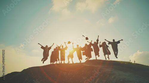 Double exposure of Silhouette  graduation group celebrating and jumping on mountain : Generative AI photo