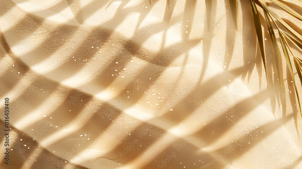© Mangata Imagine - Beige sand texture with palm leaf shadow, water drops, top view, summer holiday concept
