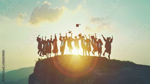 Double exposure of Silhouette  graduation group celebrating and jumping on mountain : Generative AI photo