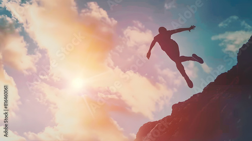 Welcome merry Christmas and happy new year in 2024Silhouette Man jumping from 2023cliff to 2024 cliff with cloud sky and sunlight : Generative AI