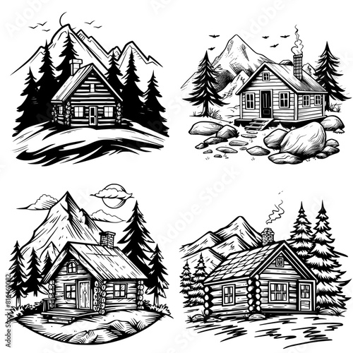 four vector drawings of a cabin house in the mountains