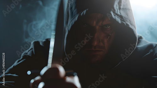 Mysterious man wearing black hoodie holding a knife to stab someone Crimes and criminality concept : Generative AI photo